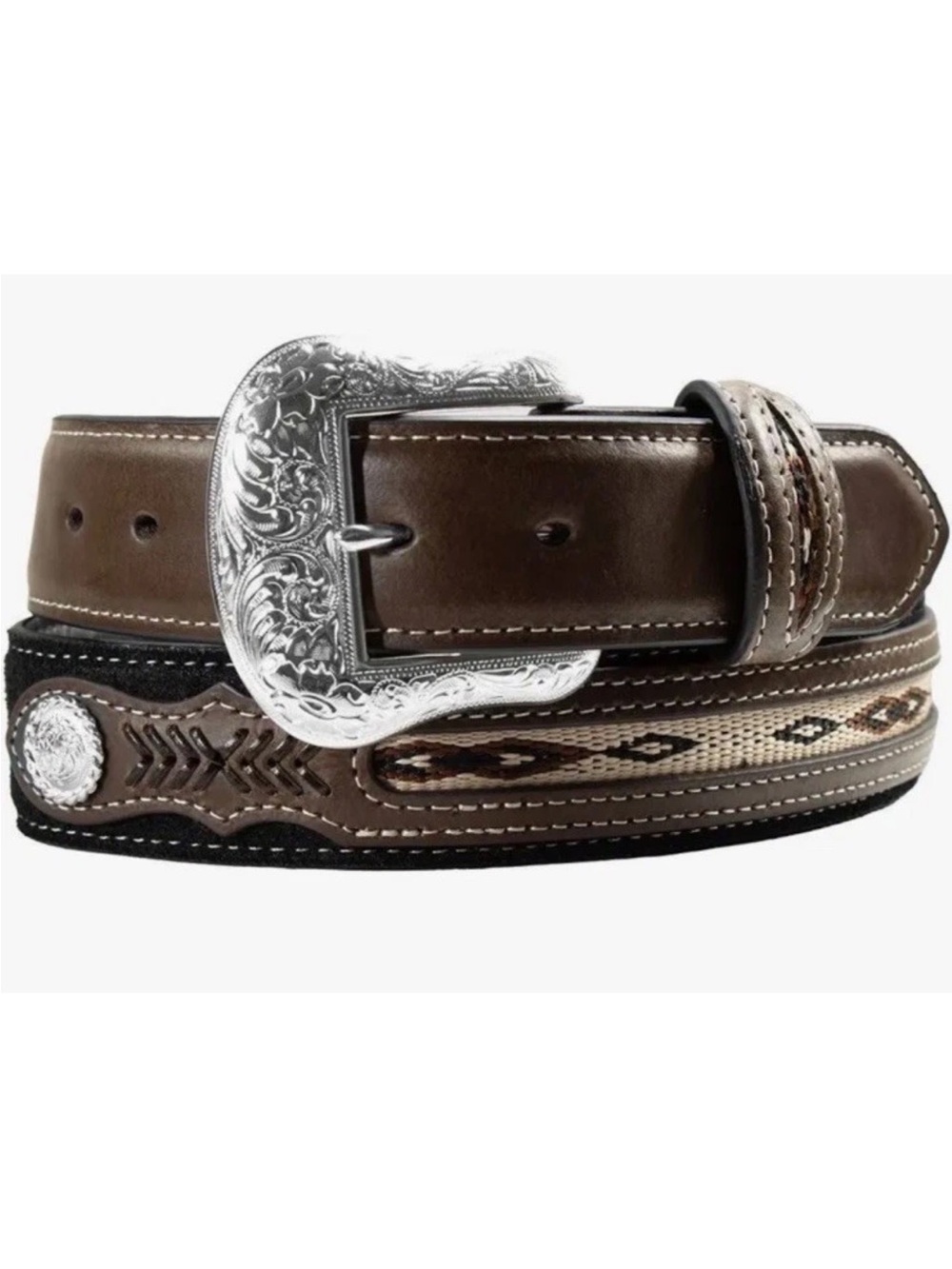 Nocona Western Men Belt Sz 42 Southwest Black Brown/Silver Conch is-N2475701